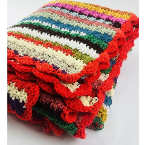 Vtg Rainbow Afghan Crochet Blanket Handmade Cottagecore Scalloped Edge Boho Prid - Picture 9 of 11